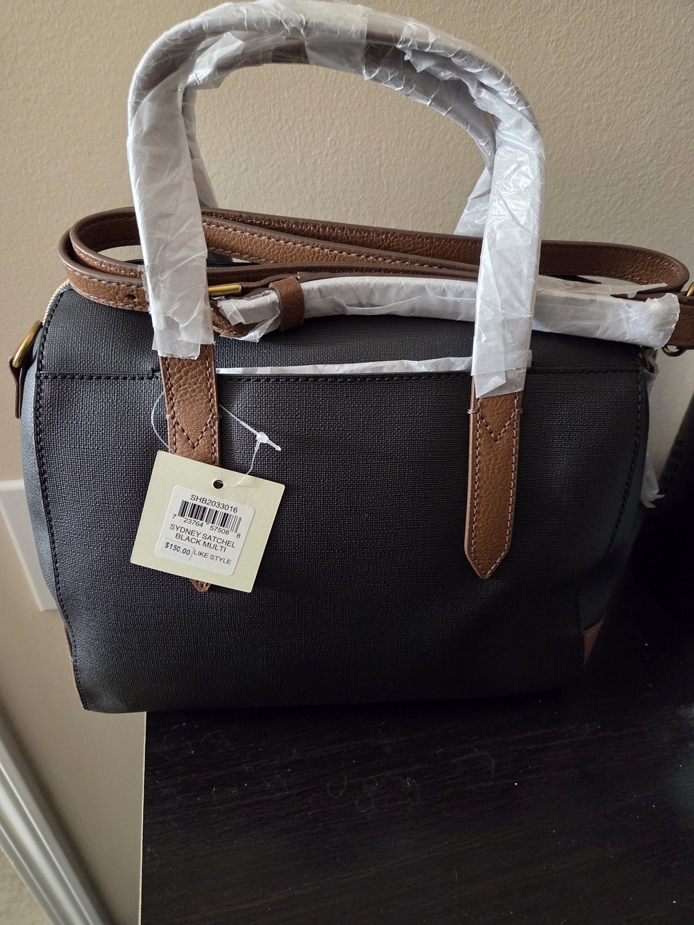 Fossil Navy Blue Crossbody Satchel with Brown Trim